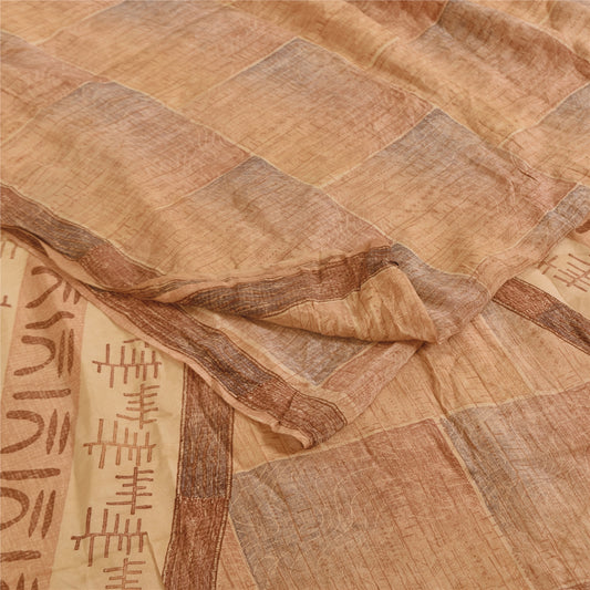 Sanskriti Vintage Sarees Peach Pure Crepe Silk Printed Sari 5+yd Craft Sustainable Fabric