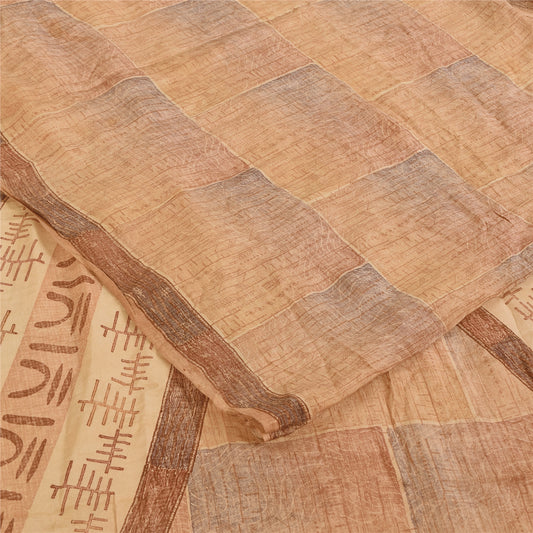 Sanskriti Vintage Sarees Peach Pure Crepe Silk Printed Sari 5+yd Craft Sustainable Fabric