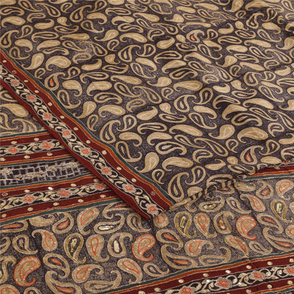 Санскритские винтажные сари коричневого цвета с вышивкой из чистого крепа с принтом, 5+ ярдов, устойчивая ткань