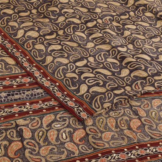 Sanskriti Vintage Sarees Brown Embroidered Pure Crepe Printed Sari 5+yd Sustainable Fabric