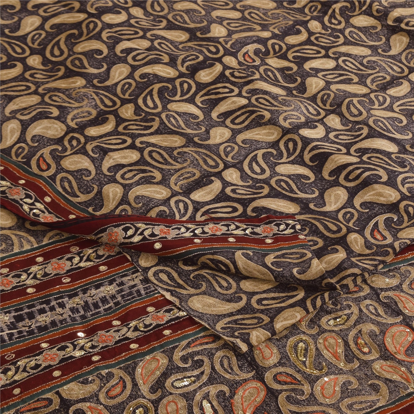 Санскритские винтажные сари коричневого цвета с вышивкой из чистого крепа с принтом, 5+ ярдов, устойчивая ткань