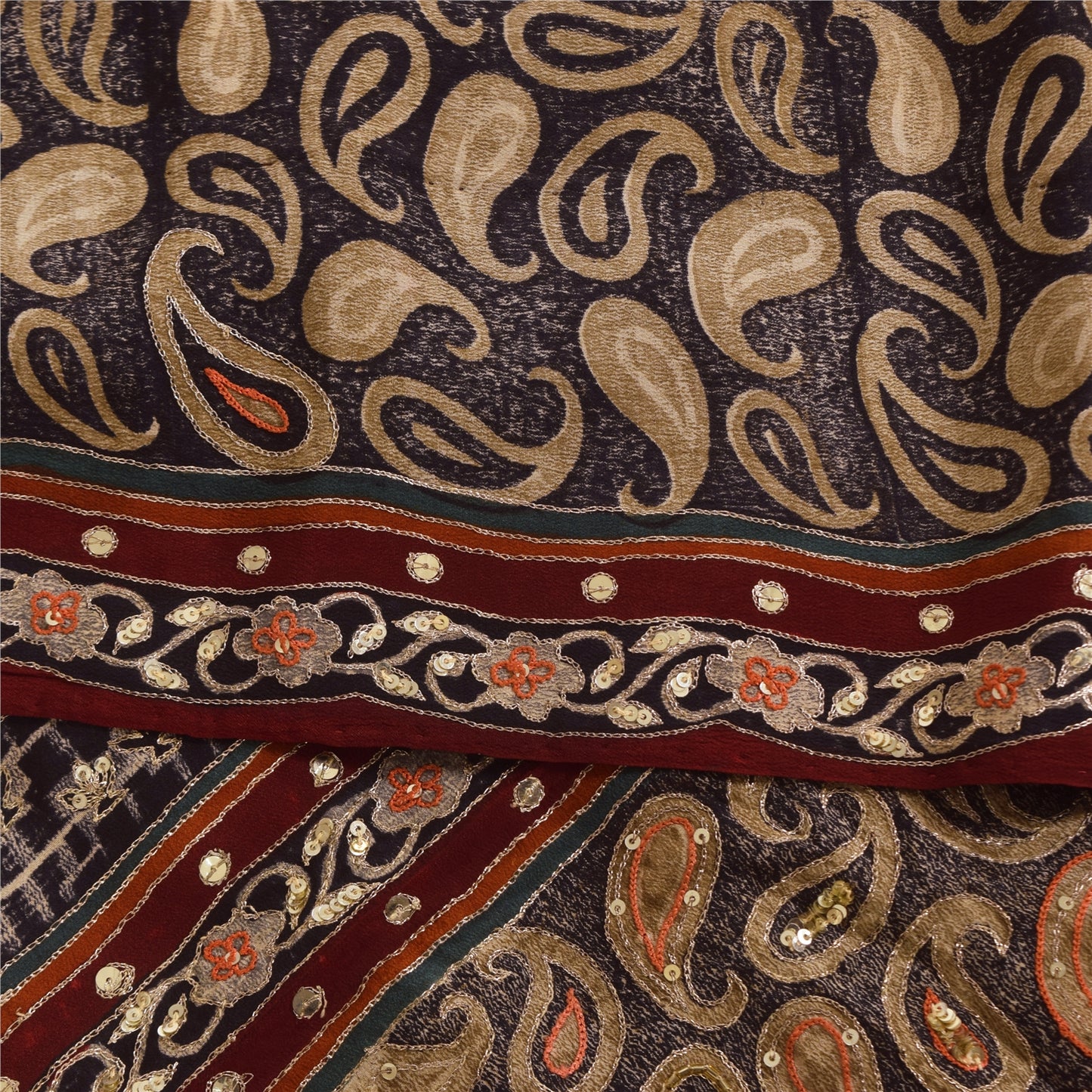 Санскритские винтажные сари коричневого цвета с вышивкой из чистого крепа с принтом, 5+ ярдов, устойчивая ткань