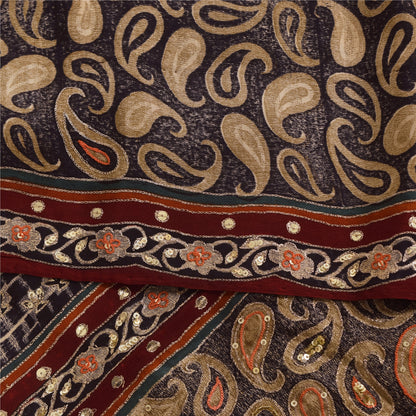 Санскритские винтажные сари коричневого цвета с вышивкой из чистого крепа с принтом, 5+ ярдов, устойчивая ткань