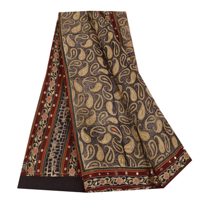 Санскритские винтажные сари коричневого цвета с вышивкой из чистого крепа с принтом, 5+ ярдов, устойчивая ткань