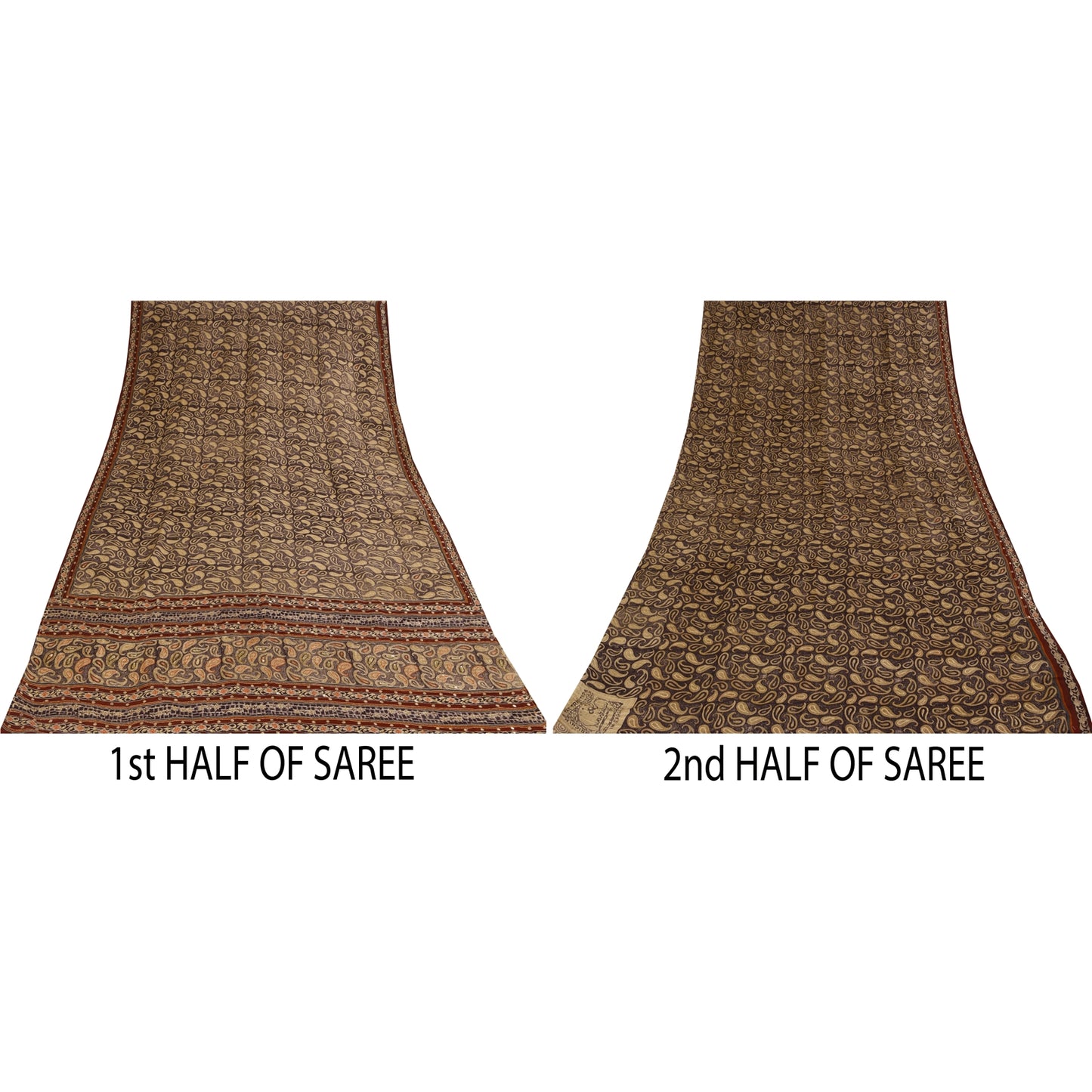 Санскритские винтажные сари коричневого цвета с вышивкой из чистого крепа с принтом, 5+ ярдов, устойчивая ткань