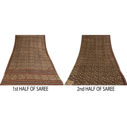 Санскритские винтажные сари коричневого цвета с вышивкой из чистого крепа с принтом, 5+ ярдов, устойчивая ткань