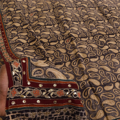 Санскритские винтажные сари коричневого цвета с вышивкой из чистого крепа с принтом, 5+ ярдов, устойчивая ткань