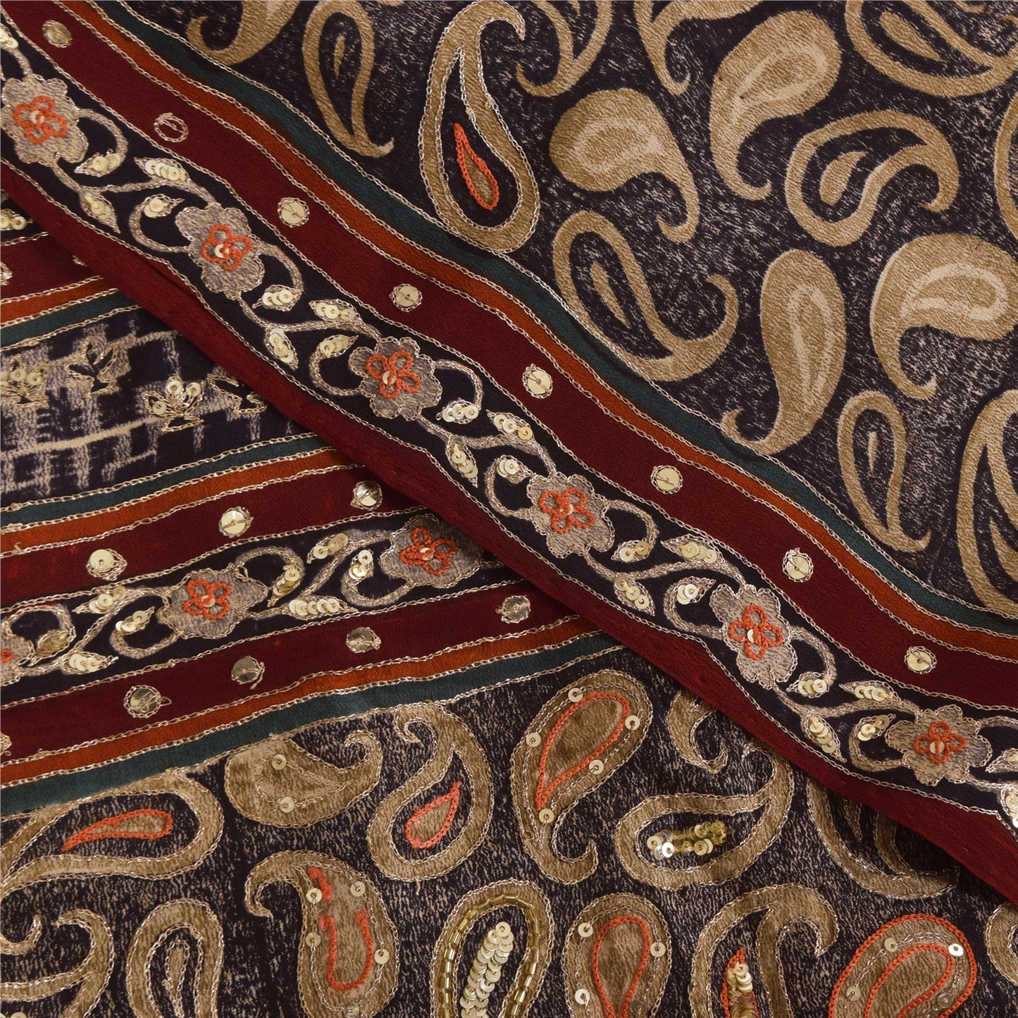 Санскритские винтажные сари коричневого цвета с вышивкой из чистого крепа с принтом, 5+ ярдов, устойчивая ткань