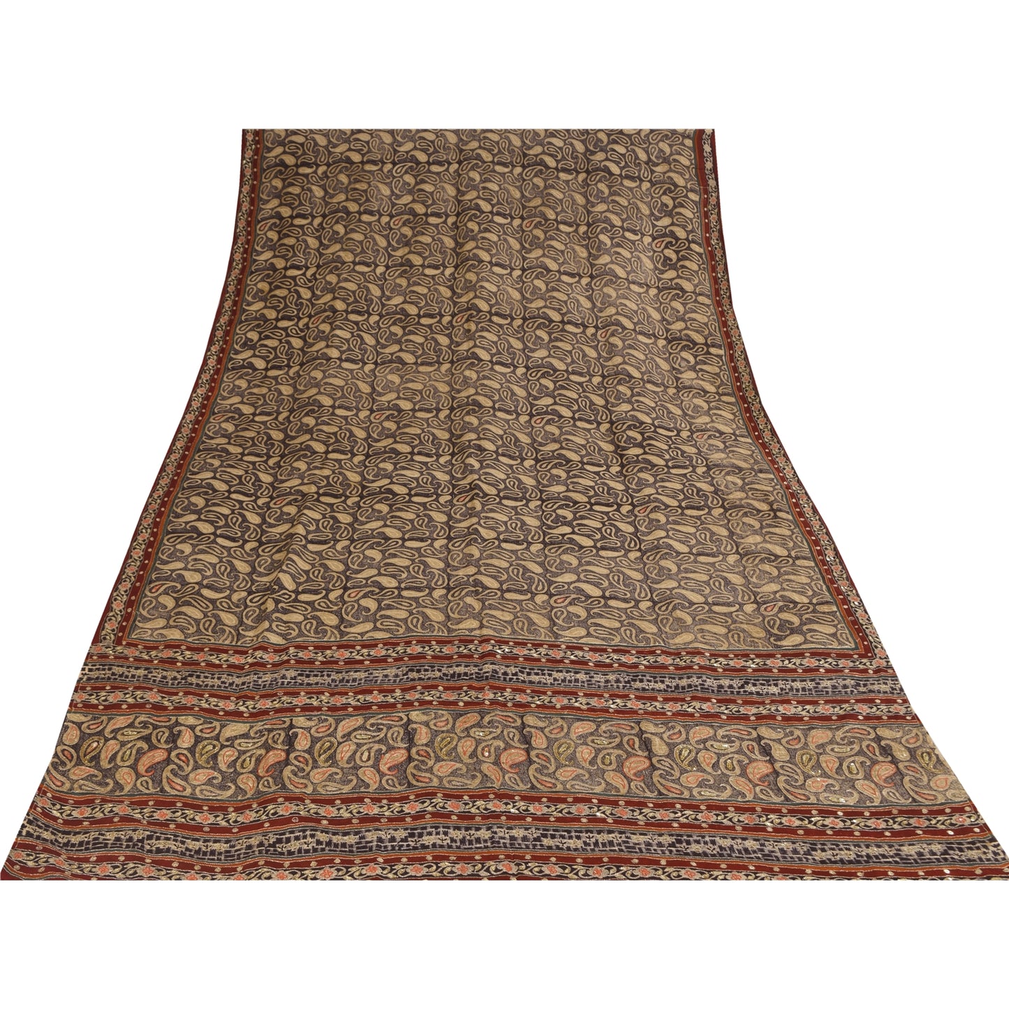 Санскритские винтажные сари коричневого цвета с вышивкой из чистого крепа с принтом, 5+ ярдов, устойчивая ткань