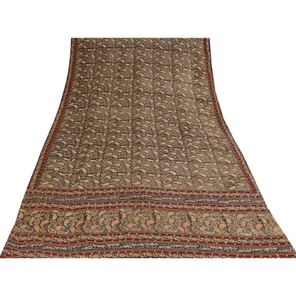 Санскритские винтажные сари коричневого цвета с вышивкой из чистого крепа с принтом, 5+ ярдов, устойчивая ткань