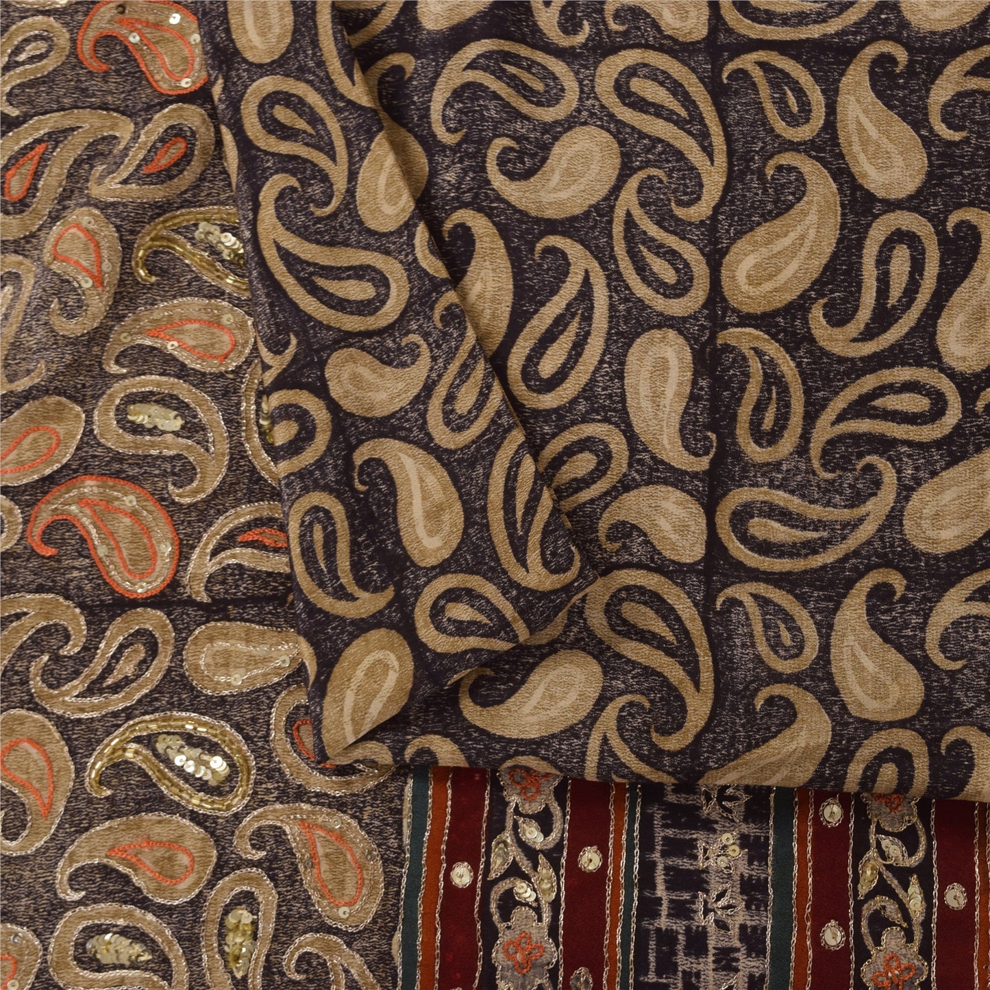 Санскритские винтажные сари коричневого цвета с вышивкой из чистого крепа с принтом, 5+ ярдов, устойчивая ткань