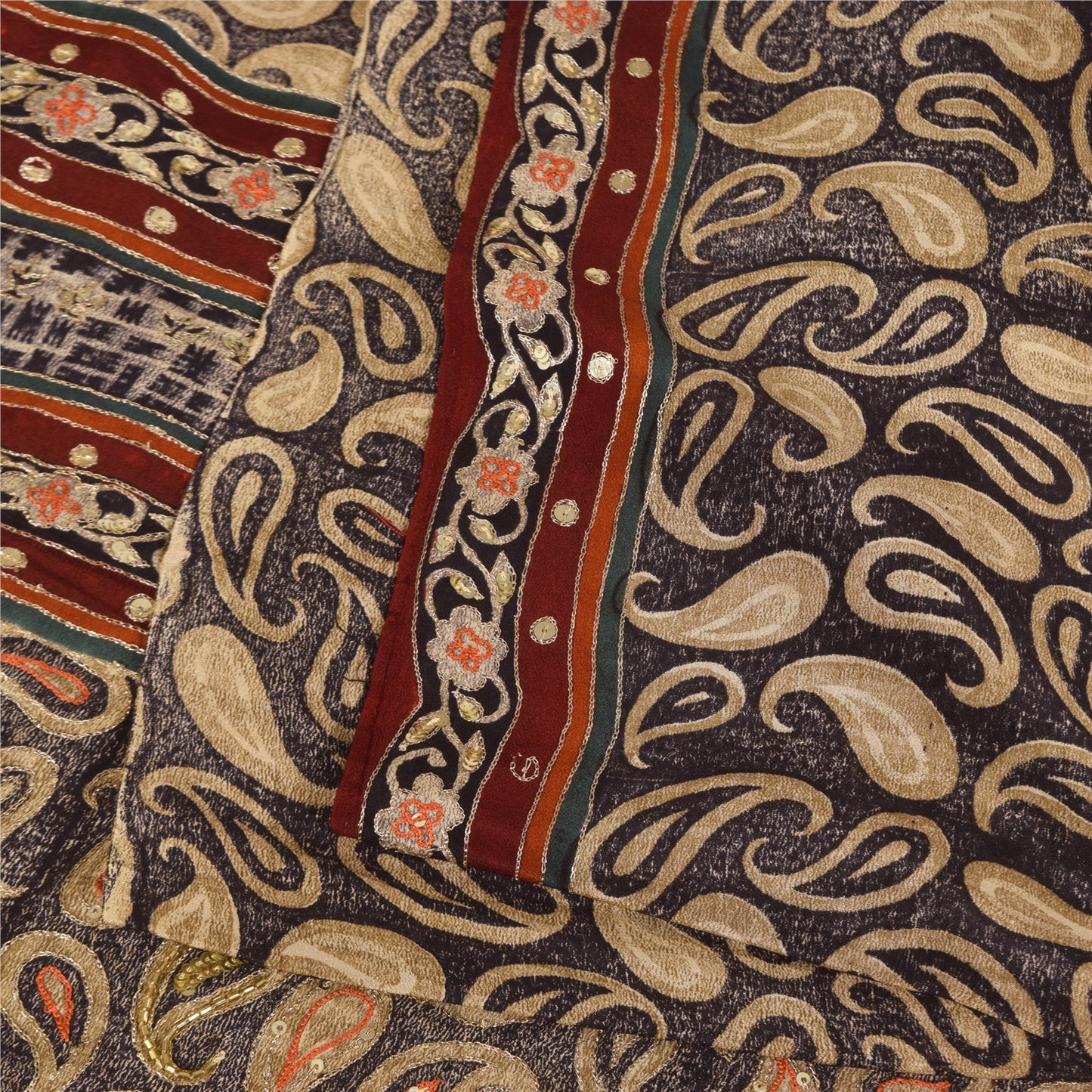 Санскритские винтажные сари коричневого цвета с вышивкой из чистого крепа с принтом, 5+ ярдов, устойчивая ткань