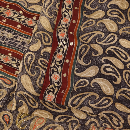 Санскритские винтажные сари коричневого цвета с вышивкой из чистого крепа с принтом, 5+ ярдов, устойчивая ткань