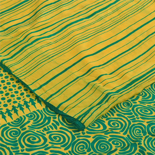 Sanskriti Vintage Sarees Green Pure Crepe Silk Printed Sari 5+yd Craft Sustainable Fabric