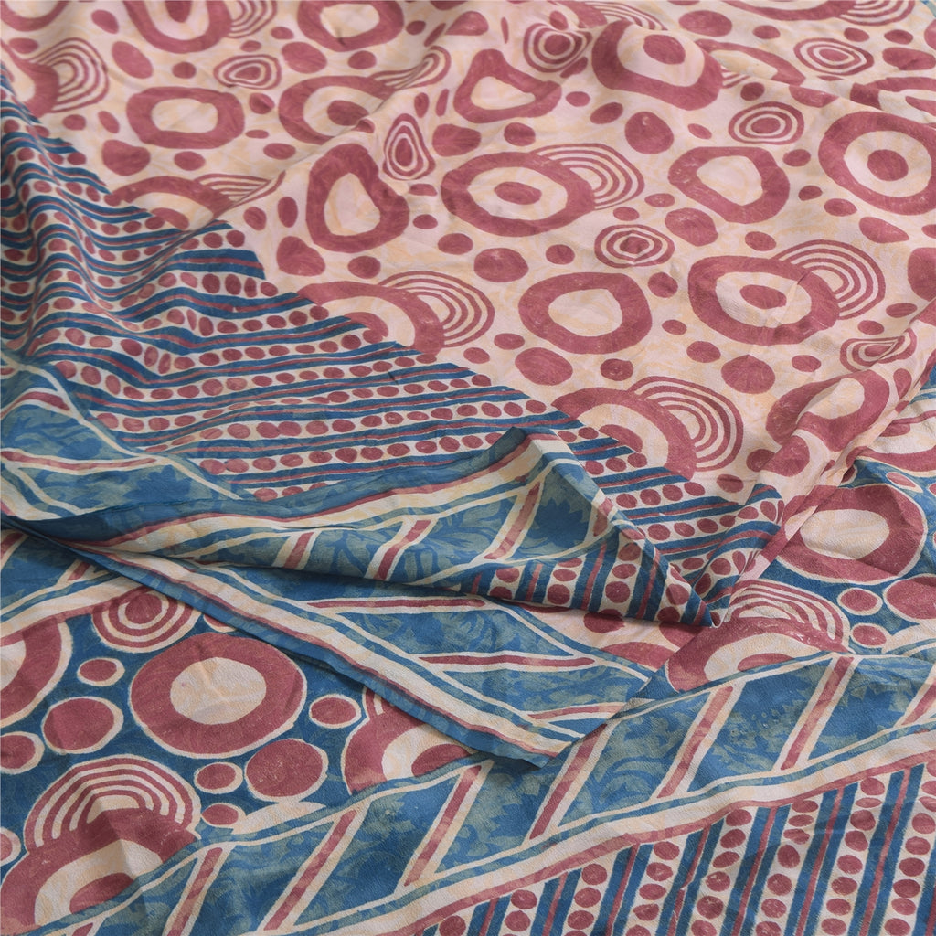 Sanskriti Vintage Sarees Indian Pink Pure Crepe Printed Sari 5+yd Craft Sustainable Fabric