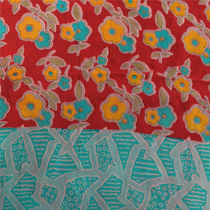 Sanskriti Vintage Sarees Red Pure Crepe Silk Printed Sari 5+yd Craft Sustainable Fabric