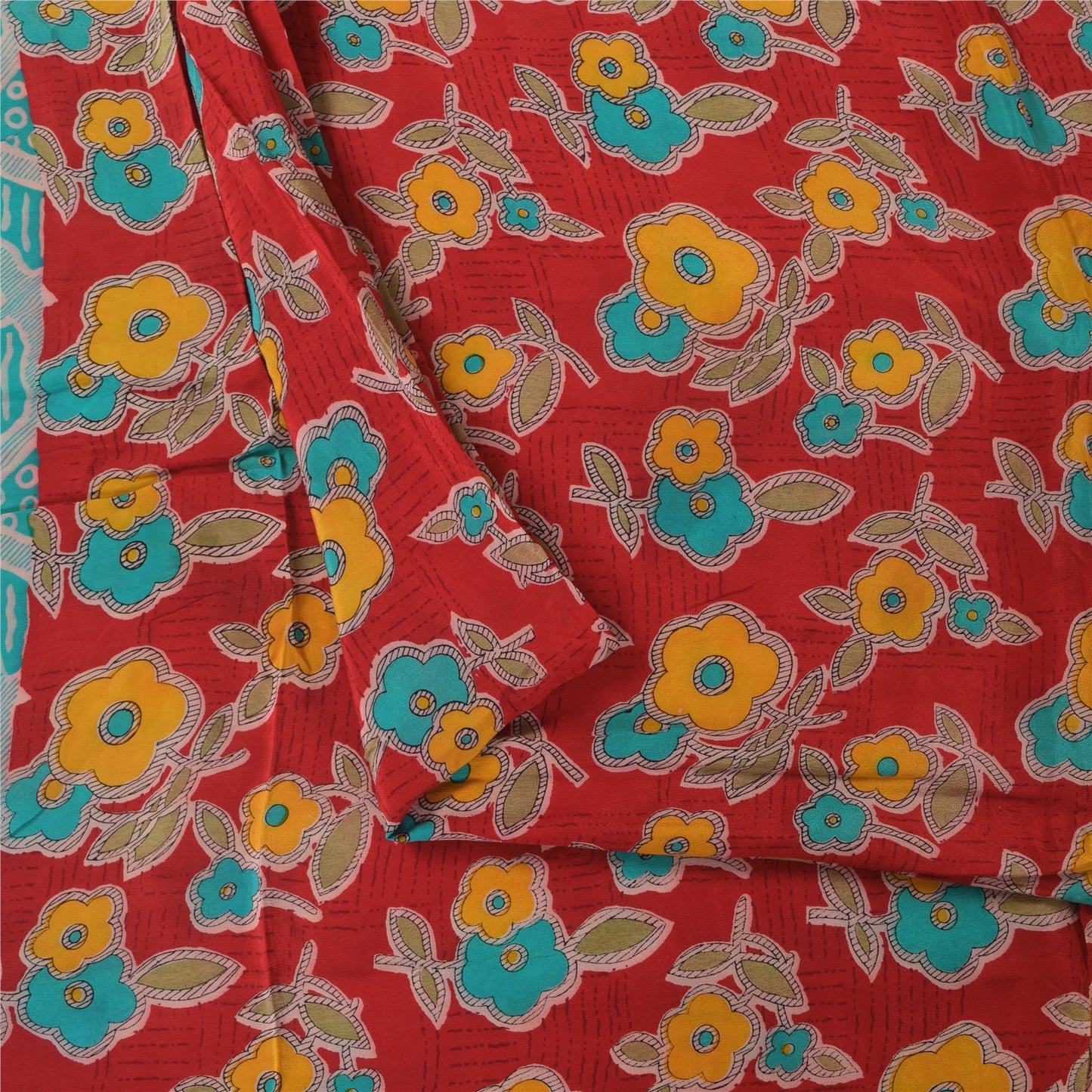 Sanskriti Vintage Sarees Red Pure Crepe Silk Printed Sari 5+yd Craft Sustainable Fabric