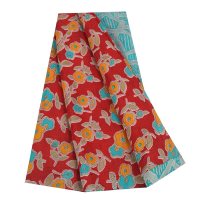 Sanskriti Vintage Sarees Red Pure Crepe Silk Printed Sari 5+yd Craft Sustainable Fabric