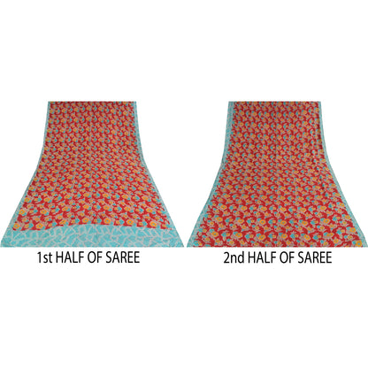 Sanskriti Vintage Sarees Red Pure Crepe Silk Printed Sari 5+yd Craft Sustainable Fabric