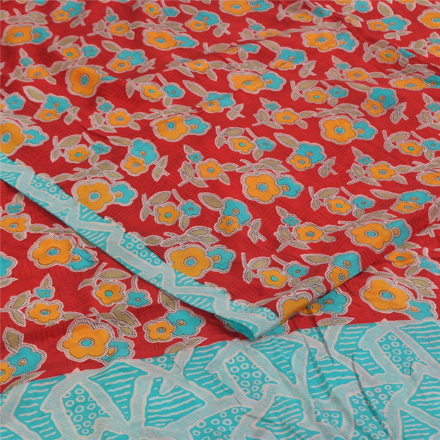 Sanskriti Vintage Sarees Red Pure Crepe Silk Printed Sari 5+yd Craft Sustainable Fabric