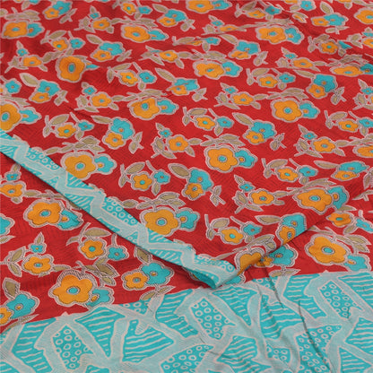 Sanskriti Vintage Sarees Red Pure Crepe Silk Printed Sari 5+yd Craft Sustainable Fabric