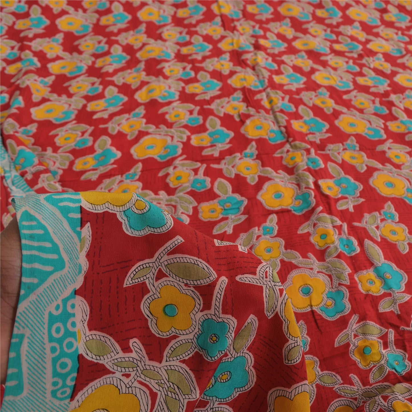 Sanskriti Vintage Sarees Red Pure Crepe Silk Printed Sari 5+yd Craft Sustainable Fabric