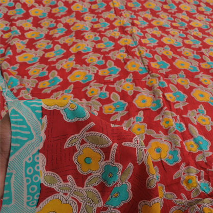 Sanskriti Vintage Sarees Red Pure Crepe Silk Printed Sari 5+yd Craft Sustainable Fabric