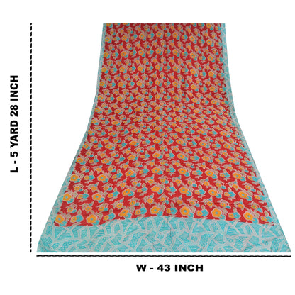 Sanskriti Vintage Sarees Red Pure Crepe Silk Printed Sari 5+yd Craft Sustainable Fabric