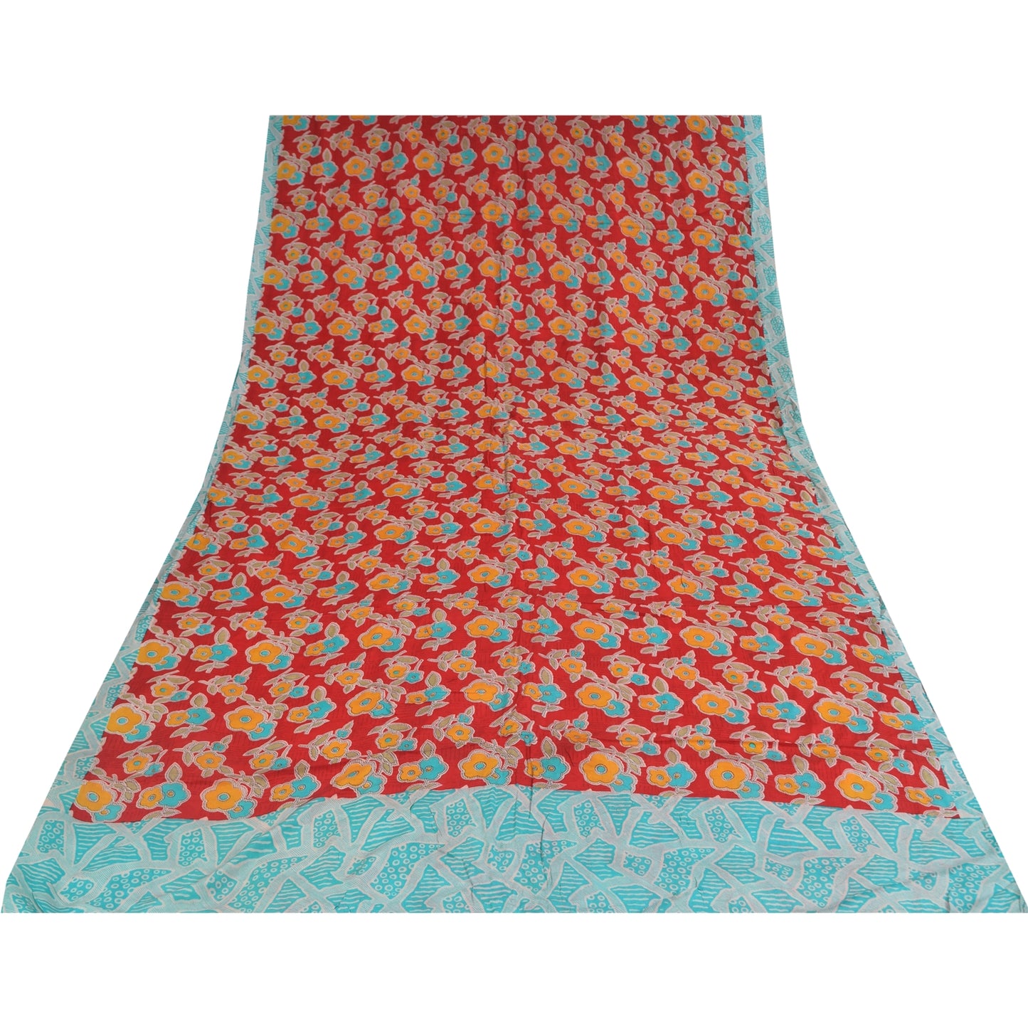 Sanskriti Vintage Sarees Red Pure Crepe Silk Printed Sari 5+yd Craft Sustainable Fabric