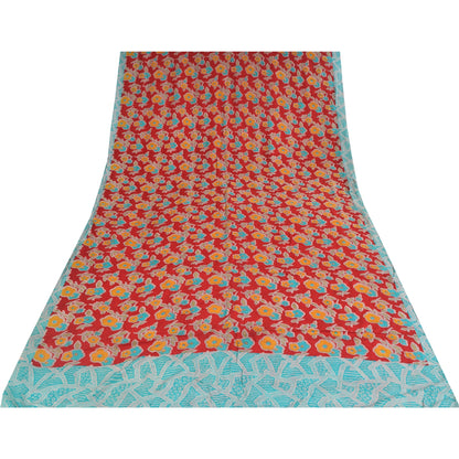 Sanskriti Vintage Sarees Red Pure Crepe Silk Printed Sari 5+yd Craft Sustainable Fabric