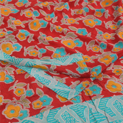 Sanskriti Vintage Sarees Red Pure Crepe Silk Printed Sari 5+yd Craft Sustainable Fabric