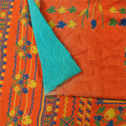 Sanskriti Vintage Sarees Blue & Orange Pure Crepe Silk Printed Sari 5+yd Sustainable Fabric
