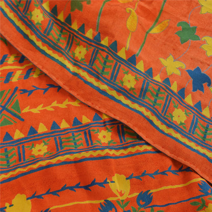 Sanskriti Vintage Sarees Blue & Orange Pure Crepe Silk Printed Sari 5+yd Sustainable Fabric