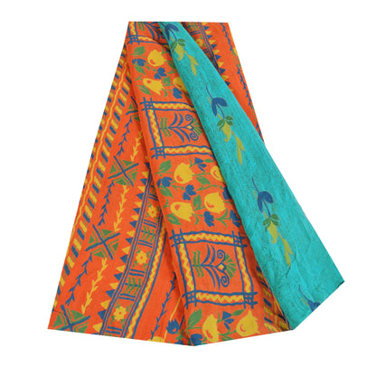 Sanskriti Vintage Sarees Blue & Orange Pure Crepe Silk Printed Sari 5+yd Sustainable Fabric