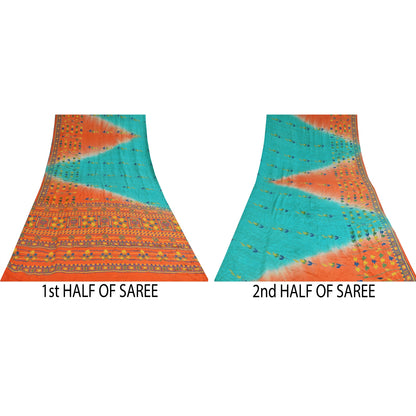 Sanskriti Vintage Sarees Blue & Orange Pure Crepe Silk Printed Sari 5+yd Sustainable Fabric