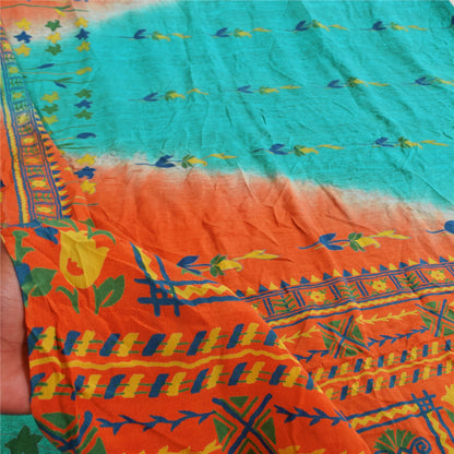 Sanskriti Vintage Sarees Blue & Orange Pure Crepe Silk Printed Sari 5+yd Sustainable Fabric