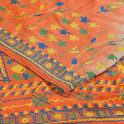 Sanskriti Vintage Sarees Blue & Orange Pure Crepe Silk Printed Sari 5+yd Sustainable Fabric