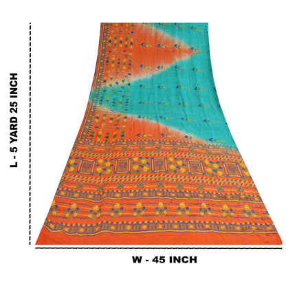 Sanskriti Vintage Sarees Blue & Orange Pure Crepe Silk Printed Sari 5+yd Sustainable Fabric
