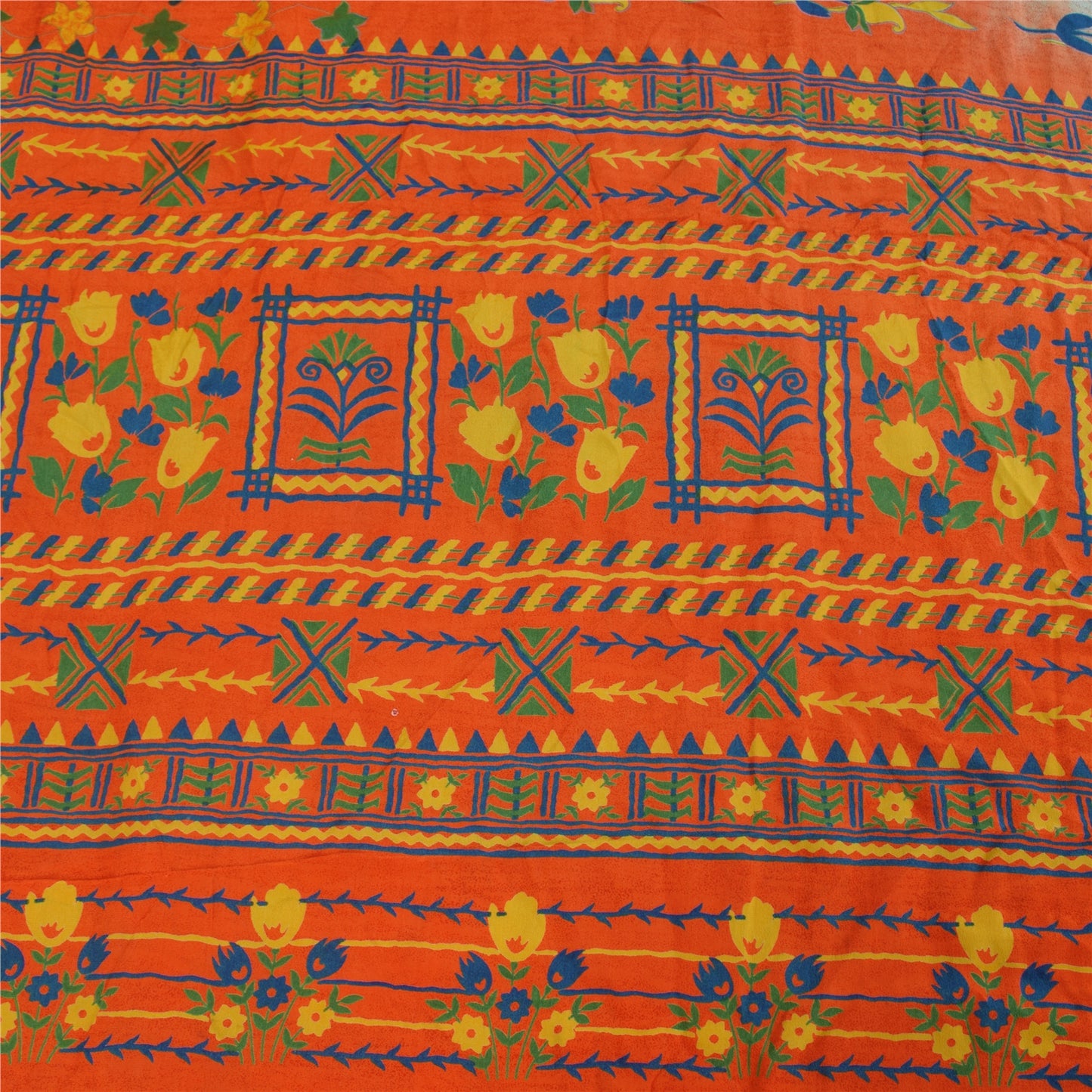 Sanskriti Vintage Sarees Blue & Orange Pure Crepe Silk Printed Sari 5+yd Sustainable Fabric