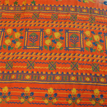 Sanskriti Vintage Sarees Blue & Orange Pure Crepe Silk Printed Sari 5+yd Sustainable Fabric