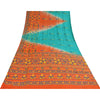 Sanskriti Vintage Sarees Blue & Orange Pure Crepe Silk Printed Sari 5+yd Sustainable Fabric