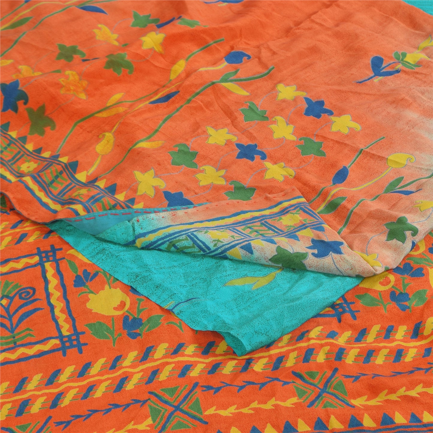 Sanskriti Vintage Sarees Blue & Orange Pure Crepe Silk Printed Sari 5+yd Sustainable Fabric