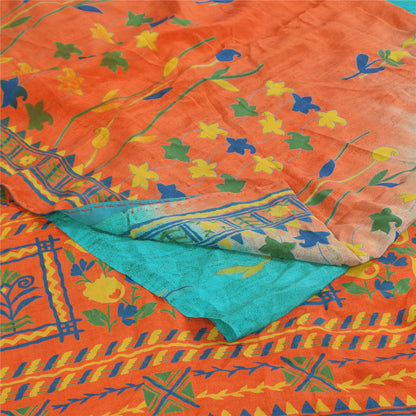 Sanskriti Vintage Sarees Blue & Orange Pure Crepe Silk Printed Sari 5+yd Sustainable Fabric