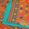 Sanskriti Vintage Sarees Blue & Orange Pure Crepe Silk Printed Sari 5+yd Sustainable Fabric