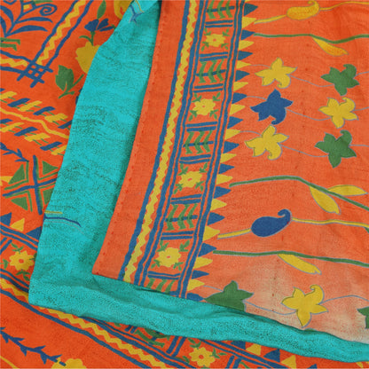 Sanskriti Vintage Sarees Blue & Orange Pure Crepe Silk Printed Sari 5+yd Sustainable Fabric