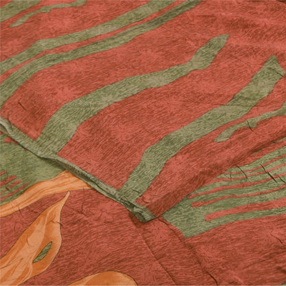 Sanskriti Vintage Sarees Orange & Green Pure Crepe Print Sari 5+yd Craft Sustainable Fabric