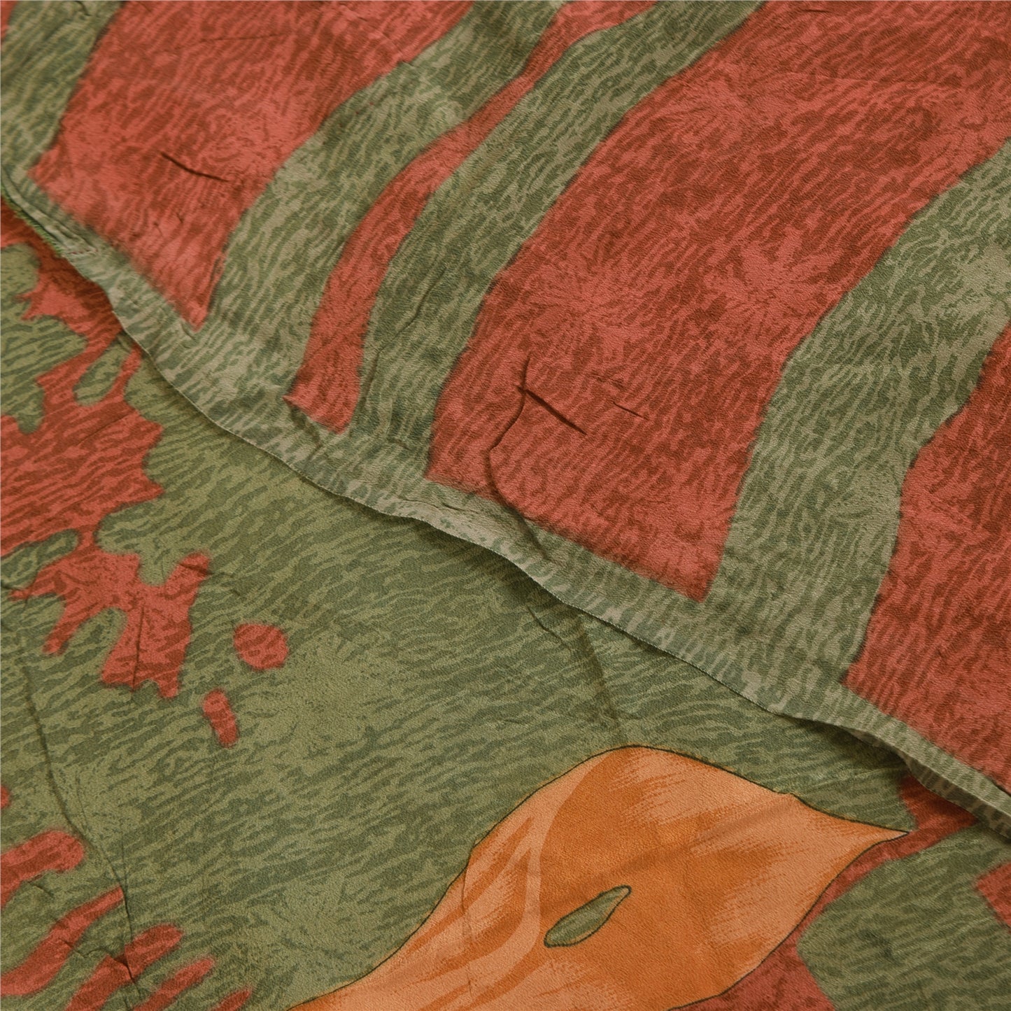 Sanskriti Vintage Sarees Orange & Green Pure Crepe Print Sari 5+yd Craft Sustainable Fabric