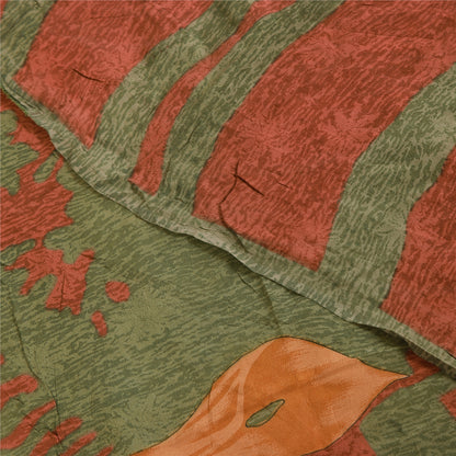 Sanskriti Vintage Sarees Orange & Green Pure Crepe Print Sari 5+yd Craft Sustainable Fabric