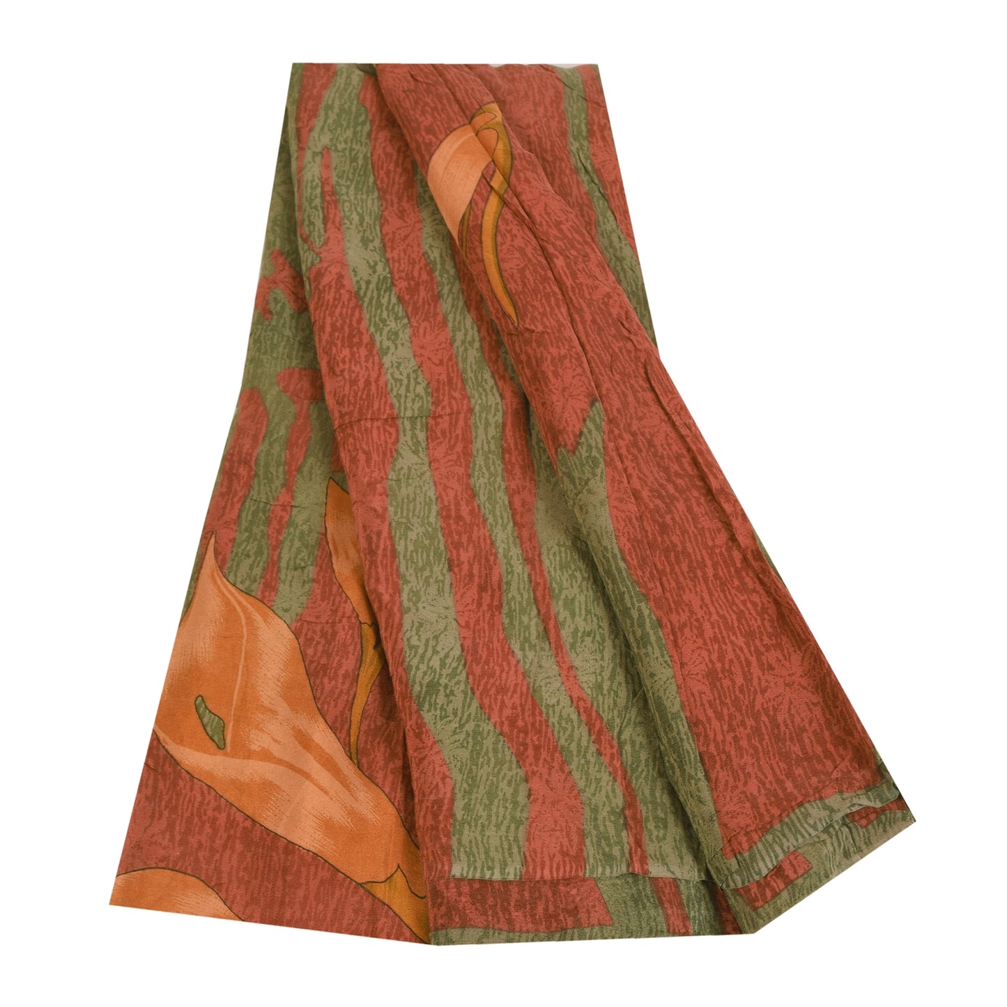 Sanskriti Vintage Sarees Orange & Green Pure Crepe Print Sari 5+yd Craft Sustainable Fabric