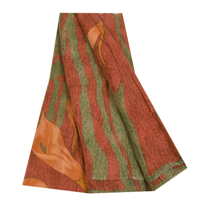Sanskriti Vintage Sarees Orange & Green Pure Crepe Print Sari 5+yd Craft Sustainable Fabric